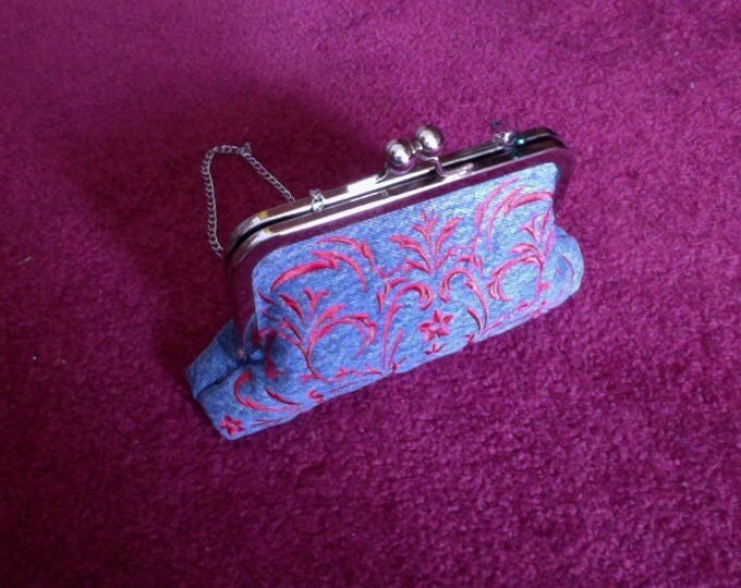 One of A Kind Embroidered Blue Jean Clutch Purse with chain and interior pockets, Denim Embroidered Purse, Designer Blue Jean Purse