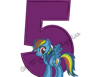 Color Spectrum Pony with number 5 Applique Embroidery Design