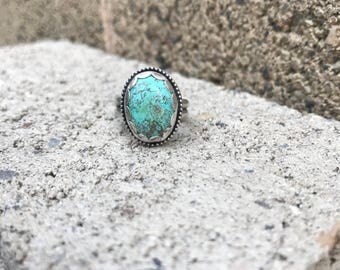 Handmade Oval Shaped Turquoise Sterling Silver Ring Size 7