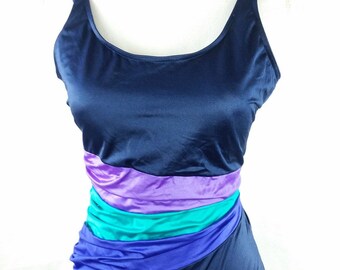 Vintage 1980s 80s Battex Navy Teal Purple Colorblock Low Back Swimsuit Bathing Suit Swimwear Maillot Sz 16/XL Plus Size