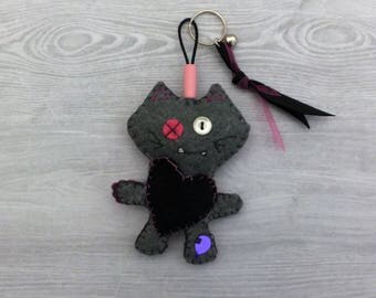 Felt grey and plum "MyaOo Siamese" keychain.
