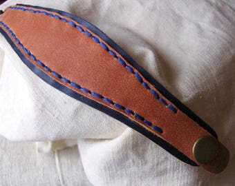 Handmade blue-orange leather bracelet