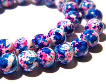 shiny lacquered glass 30 beads - 6 mm - turquoise and fuchsia F123 8