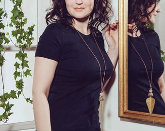 JANI, recycled leather/brass/glass necklace / bone