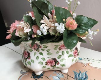 Petite jardinière/cache-pot en porcelaine décorée rose et verte