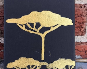 Gold Painted Trees on Black Canvas (5x7)