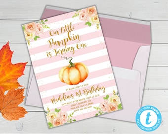 Our Little Pumpkin is Turning One, Pink Pumpkin First Birthday Invitation, Fall First Birthday Invite, Fall Watercolor Birthday Invitation