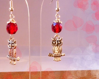 Silver - dark red OWL earrings