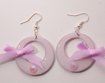 Iridescent purple, satin and rhinestone bow earrings
