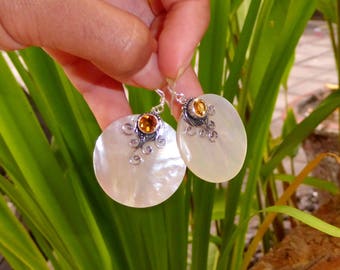 Round Shell Earrings, Citrin Gemstone, Sterling Silver