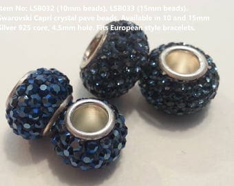 2 Silver 925 - Swarovski Blue Crystal Pave Bead 14mm & 10mm. Fits Pandora. Montana and Capri shades.