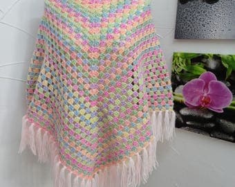 Rainbow wool with salmon fringe poncho