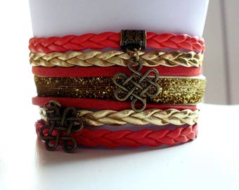 Bracelet liberty Chinese knot charms, faux leather and suede 35 mm