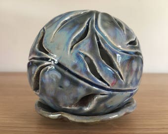 Hand Carved Ceramic Tea Light Holder & Dish