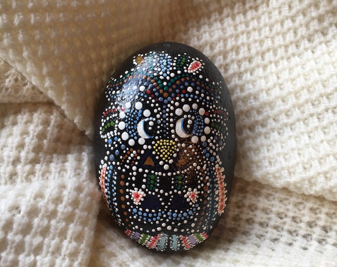 Hand painted OWL Dot Art on River Rock