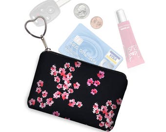 Small Zipper Pouch Coin Purse Keychain Key Fob Floral Fabric Business Card Holder Purse Organizer Japanese Cherry Blossom pnk black red RTS