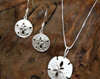 SALE Sand Dollar Sterling Silver Beach Charm Pendant Necklace and Ear Wire Earrings Set no. 2014 - 3574