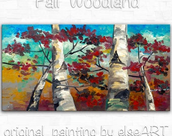 Sale Original art Abstract Painting large Oil Painting, aspen tree art fall Landscape Painting Red Forest by tim lam 48x24x1.3