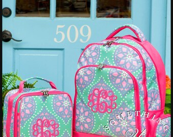 Marlee Monogrammed Backpack and Lunchbox, Matching Set, Personalized School Bags for Girls, Pink Mint and Purple Bookbags for kids
