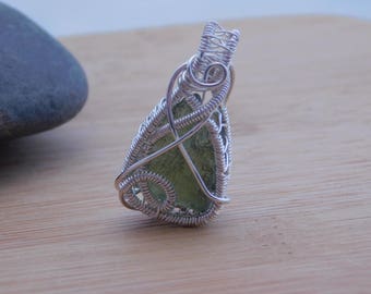 Green Moldavite Pendant Sterling Silver Czech Republic Tektite Handmade Scifi Medallion Wire Wrapped Jewelry Handcrafted Wrap Weave OOAK