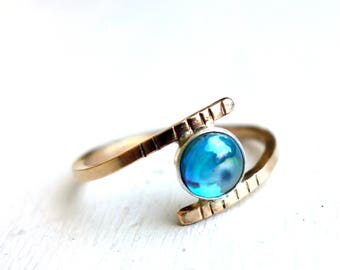 14k Gold Filled And Rainbow Topaz Bypass Ring, Handmade by Rachel Pfeffer Gold and Aqua, Teal, Blue, Iridescent Colorful Gemstone Ring