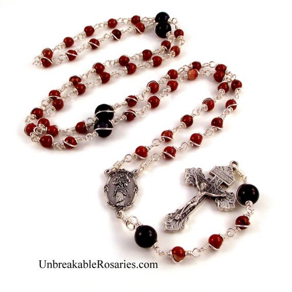 Mary Undoer Of Knots Rosary Beads In Red Jasper and Blue