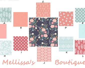 Navy Peach Coral & Teal Wildflower Floral Baby Nursery Crib Bedding Set CHOOSE and CUSTOMIZE