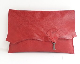 Raw edge leather clutch with vintage key - raspberry