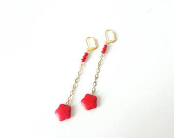 Red earrings, gold brass earrings, flower earrings