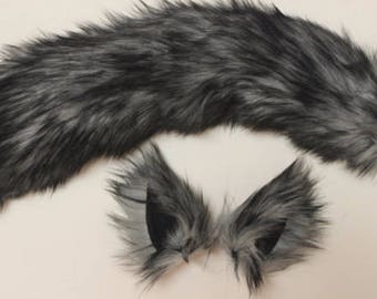 Grey Husky Wolf Costume - Wolf Ears and Wolf Tail- Husky Tail-Anime, Fantasy, Cosplay. Burning Man