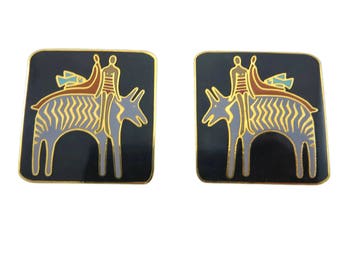 Laurel Burch Earrings - Enamel Laurel Burch Jewelry Fantasy Friends Black and Purple Costume Jewelry Post Earrings Retro