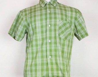 ON SALE Vintage Green White Plaid Button Front Shirt Mens M 60s