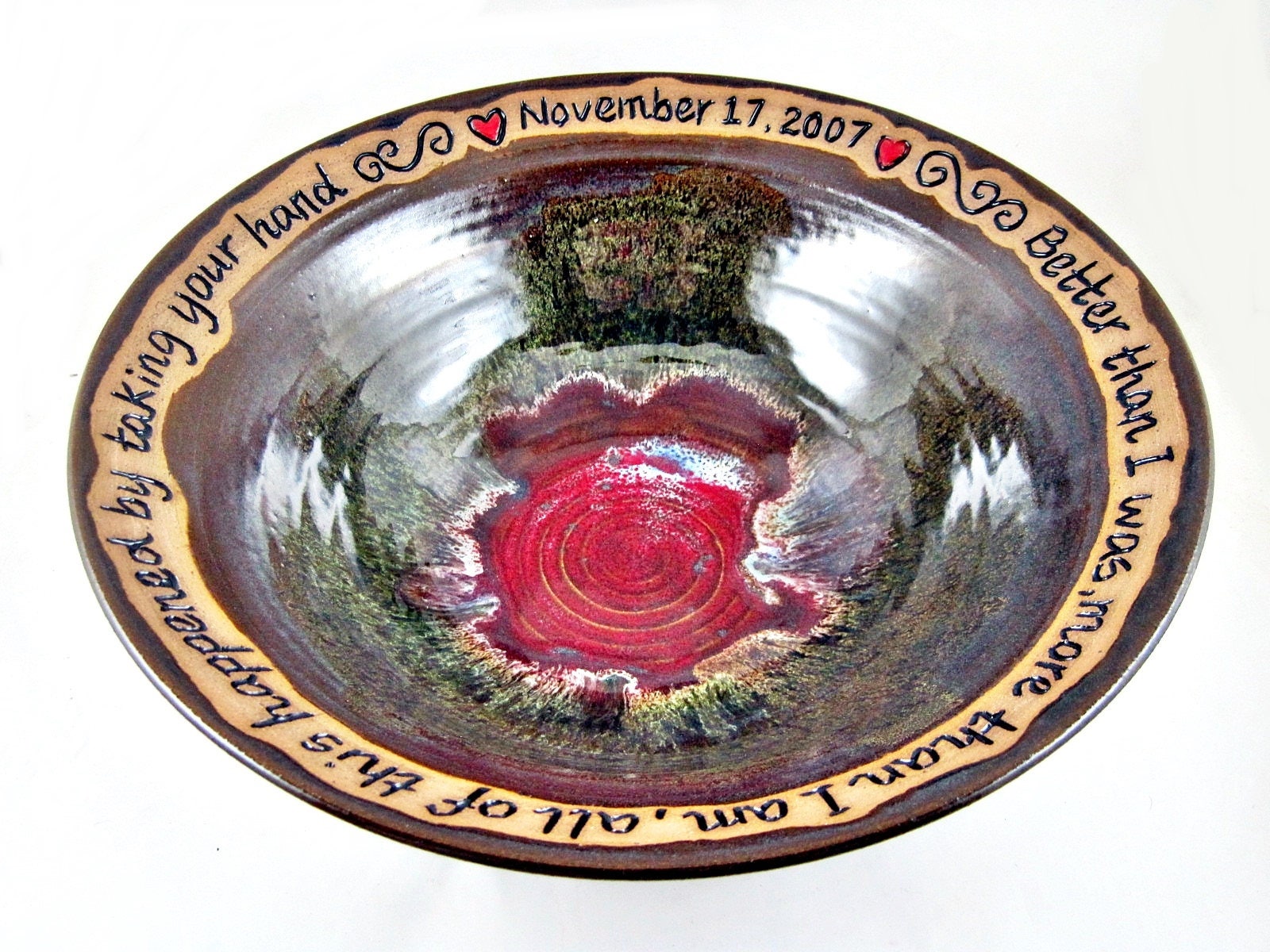 Custom engraved pottery wedding bowl with names date and