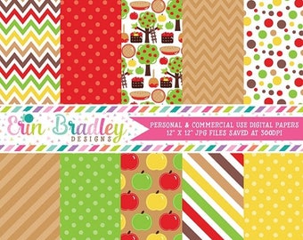 80% OFF SALE Apple Picking Fall Digital Paper Pack Polka Dots Stripes Chevron and Apple Patterns in Red Green Brown & Yellow