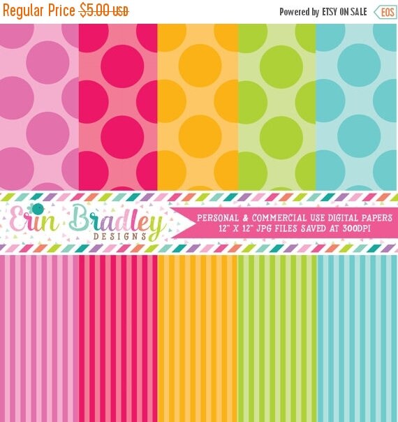 80% OFF SALE Digital Scrapbook Paper Personal and Commercial Use Colorful Polka Dots and Stripes Il_570xn