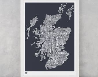 Scotland Type Map Screen Print, Scotland Type Map, Scotland Word Map, Scotland Wall Poster, Scotland Wall Art, Scotland Typographic Print