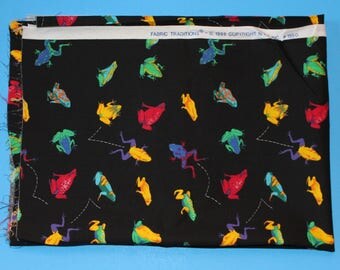 Cotton Fabric-Black with Jumping Frogs