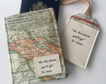 Passport Cover World Map, Luggage tag set "Oh the Places you'll Go" passport case, travel gift for graduate
