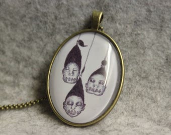 Necklace Pendant Glass Cabochon Shrunken Heads from Original Drawing