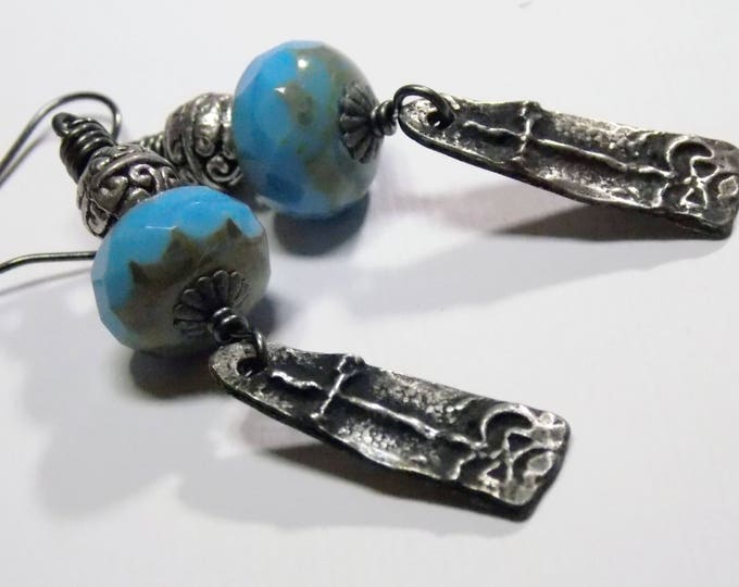 Pewter Cross Earrings Rustic Artisan Cross Earrings Czech Glass Drop Boho Earrings