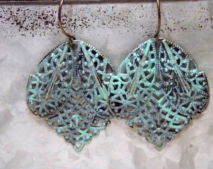 Boho Filigree Brass Earrings Turquoise Earrings Patina Earthy Rustic Woodland Filigree Dangle Boho Brass Bohemian Earrings Jewelry