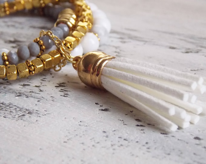 White Bohemian Bracelet Chain Tassel Multilayer Bracelet Gold Gray White Gemstone Brass Magnesite Suede Tassel Boho Set of Three Bracelets