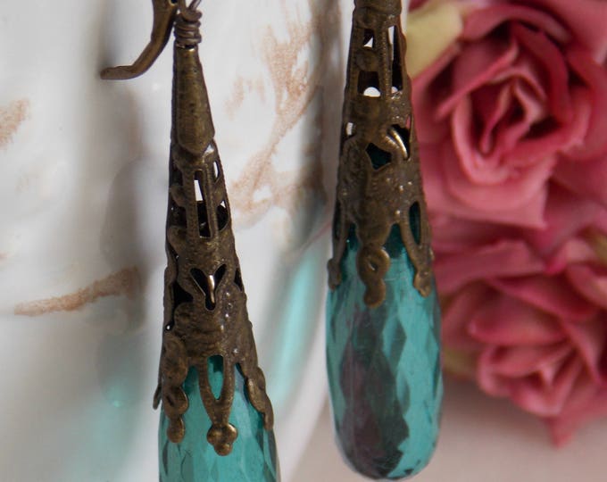 Long Filigree Earrings Vintage Teal Lucite Crystals Wrapped Antiqued Brass Victorian Vintage Boho Blue Earrings Long Filigree Earrings Vintage Teal Lucite Crystals Wrapped Antiqued Brass Victorian Vintage Boho Blue Earrings