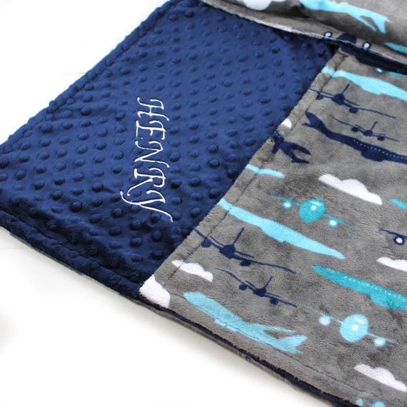 Minky Baby Blanket Boy, Gray Airplanes Navy Blue Teal Personalized Baby Blanket // Plane Baby Blanket // Name Baby Blanket // Soft Blanket