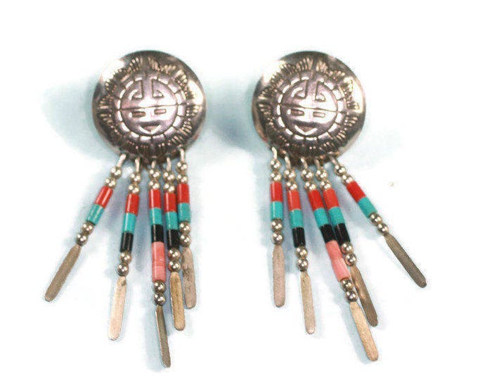 Southwestern Dangle Earrings Sterling Hopi Sun Face Style Turquoise Beads Signed QT Vintage