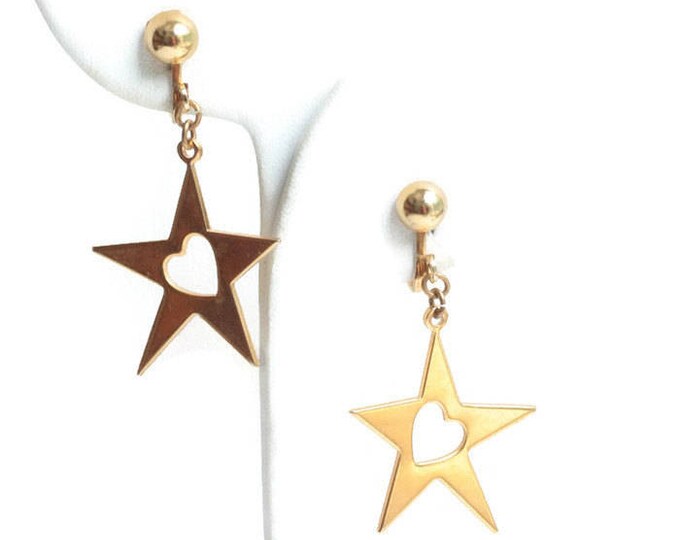 Star Dangle Earrings Heart Cut Out Gold Tone Clip On Vintage