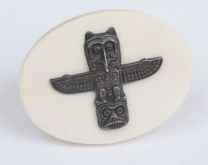 Totem Pole Faux Scrimshaw Pin Northwest Pacific Coast Native American Alaska Theme