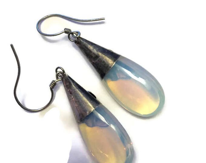 Opaline Glass Dangle Earrings Sterling Overlay Pierced Ears Faux Opal Faux Moonstone