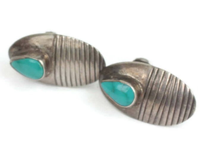 Sterling and Faux Turquoise Earrings Oval Ridged Design Screw Back Vintage