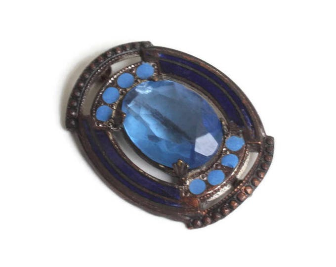 Victorian Blue Glass and Enameled Pin Brooch Oval Shape Antique